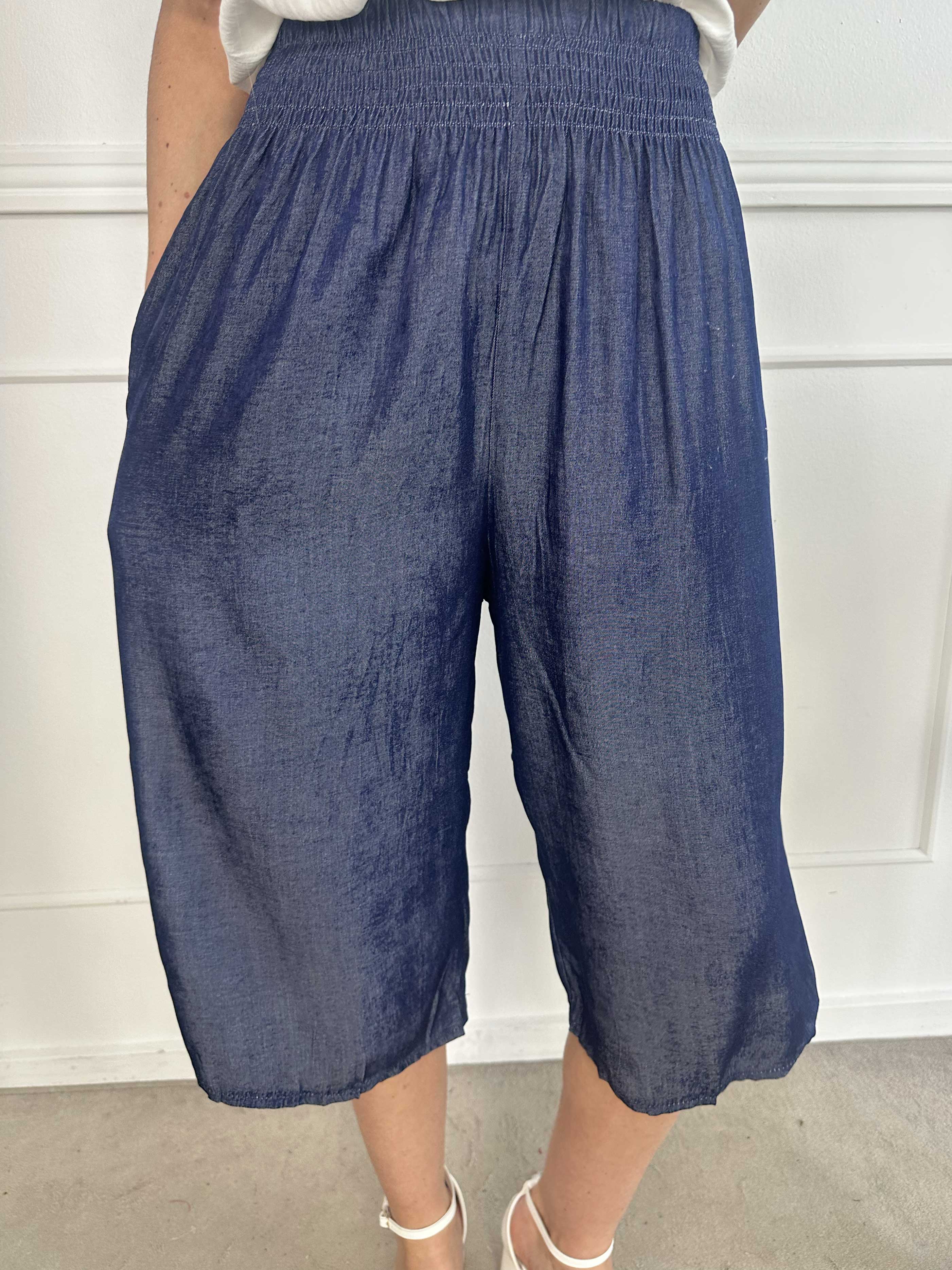 Pams Denim Knickers - Knælange bukser med elastikkant i livet